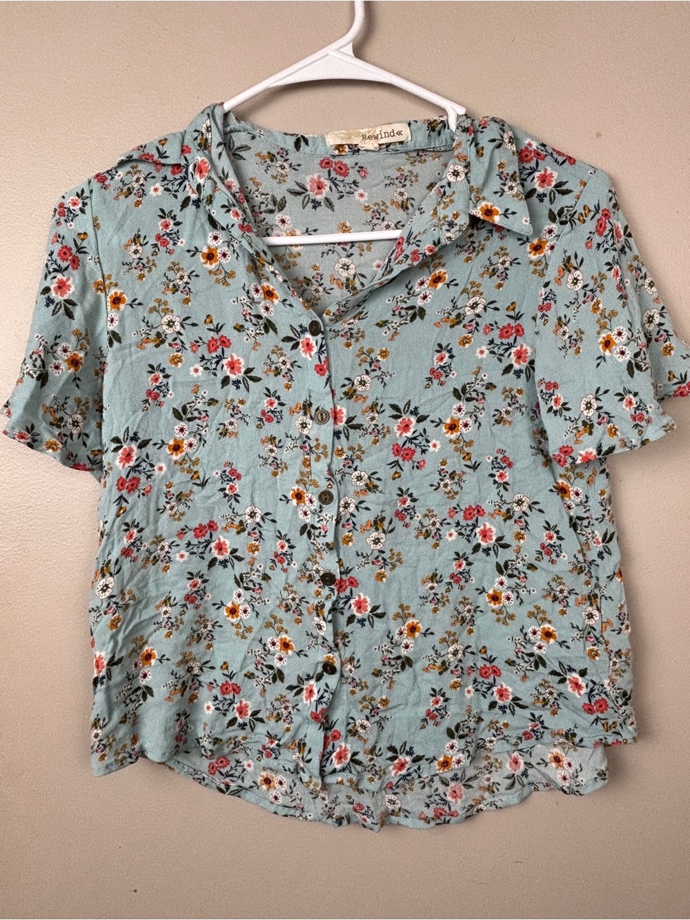 Rewind Aqua Floral Button-Front Short Sleeve Shirt